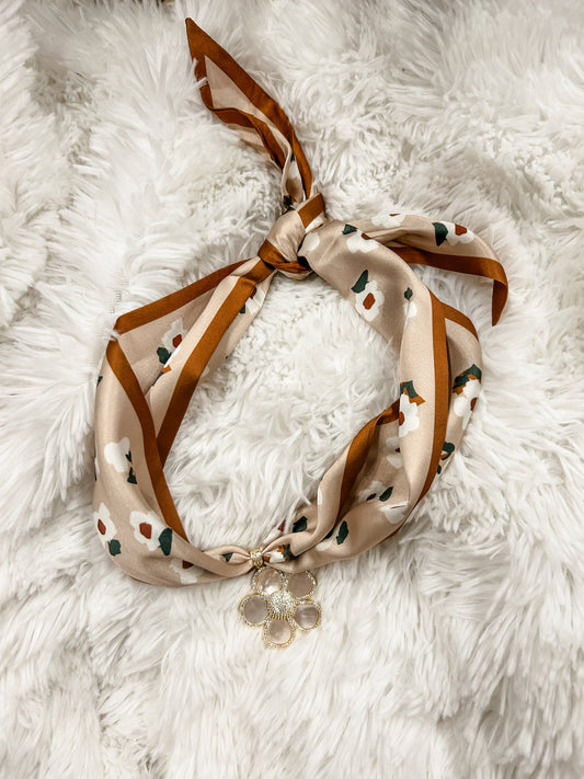 Daisy Charm Scarf Necklace- Brown
