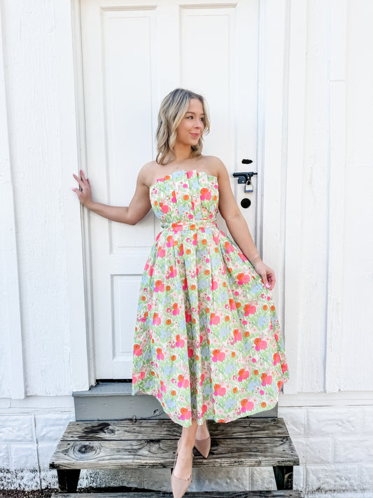 Marigold Floral Strapless Dress